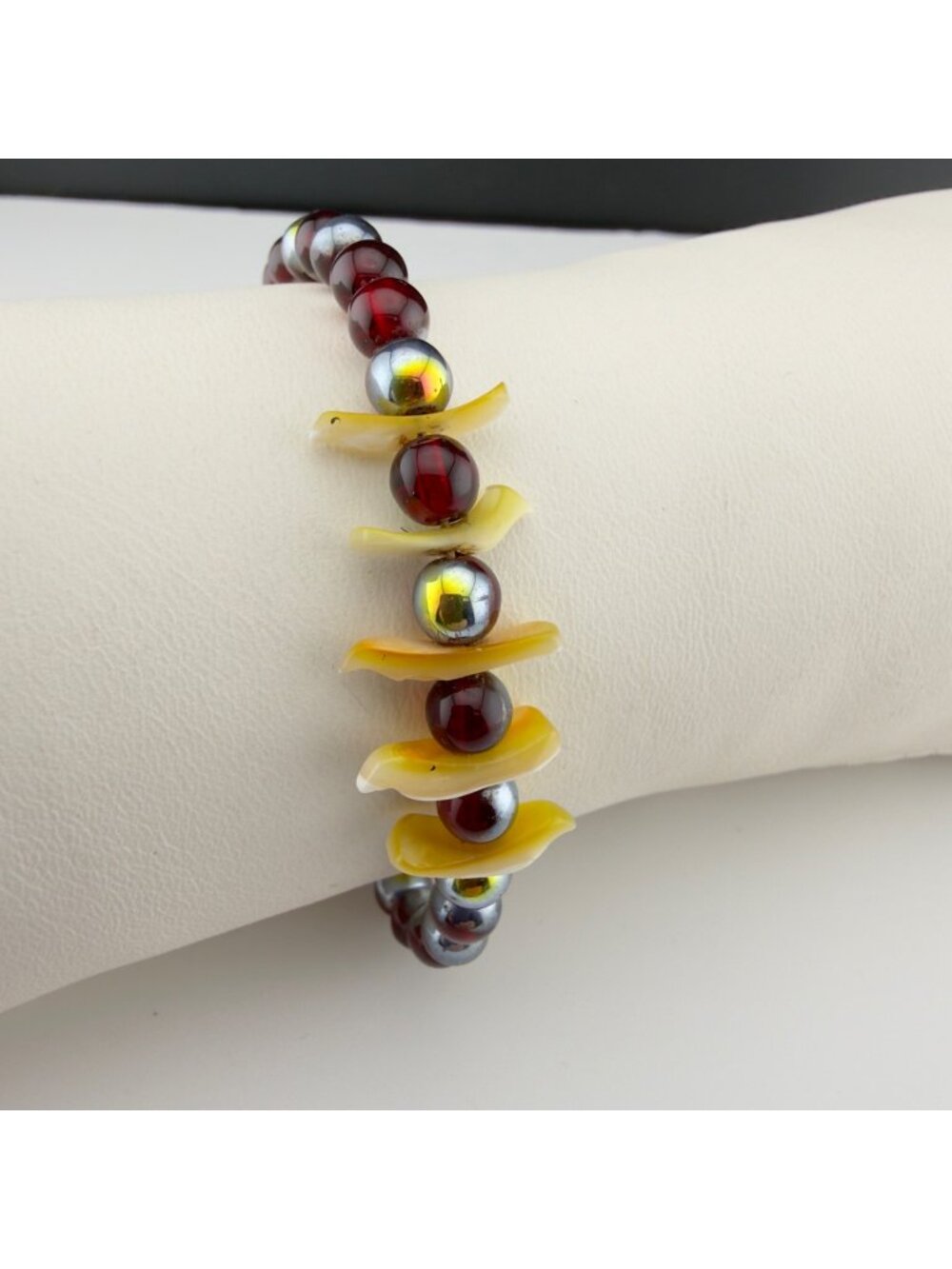 Hand Crafted Glass Bead Bracelet Mother of Pearl Doves Red Boho Stackable